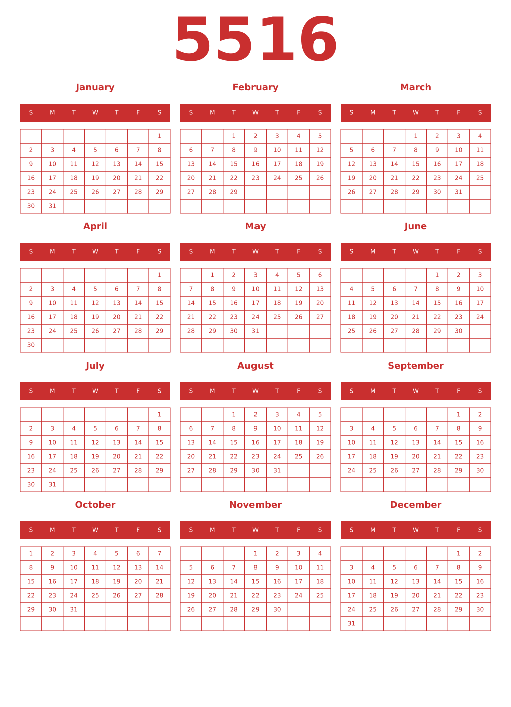 Printable 5516 Year Calendars red