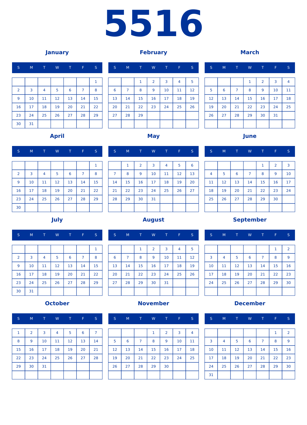 Printable 5516 Year Calendars smalt
