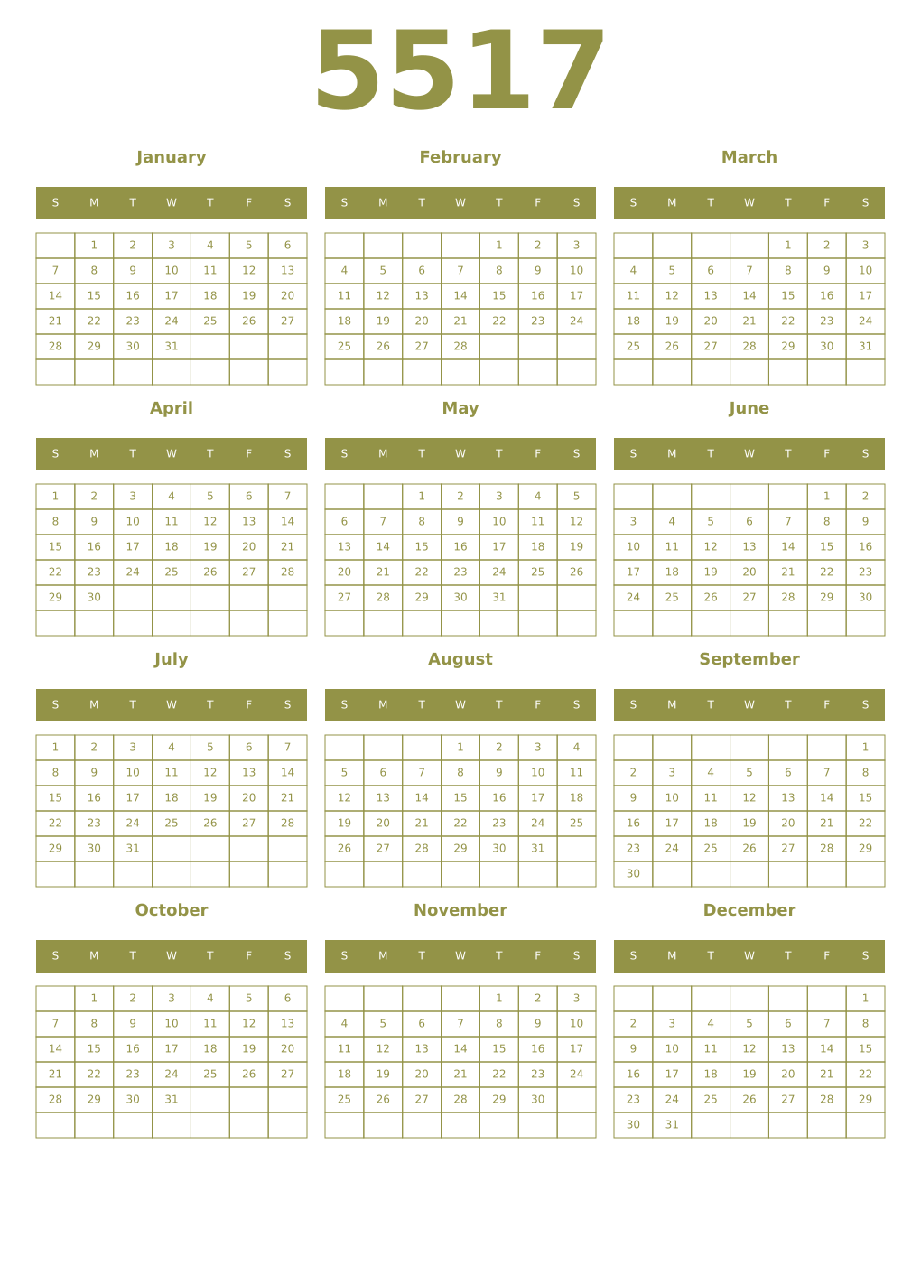 Printable 5517 Year Calendars eburnean