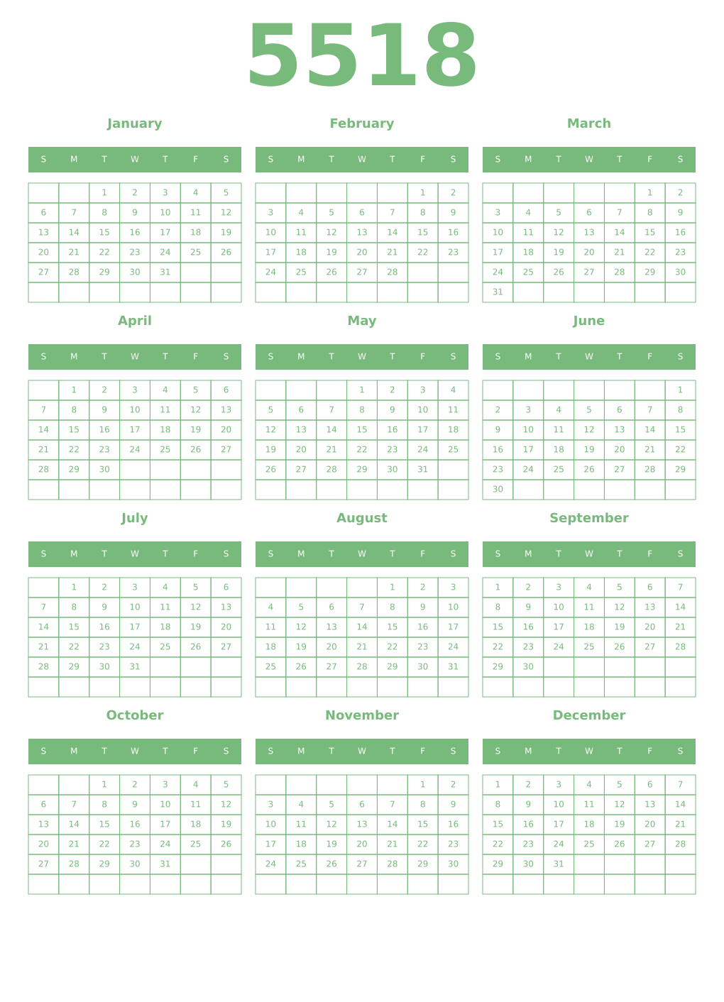 Printable 5518 Year Calendars celadon