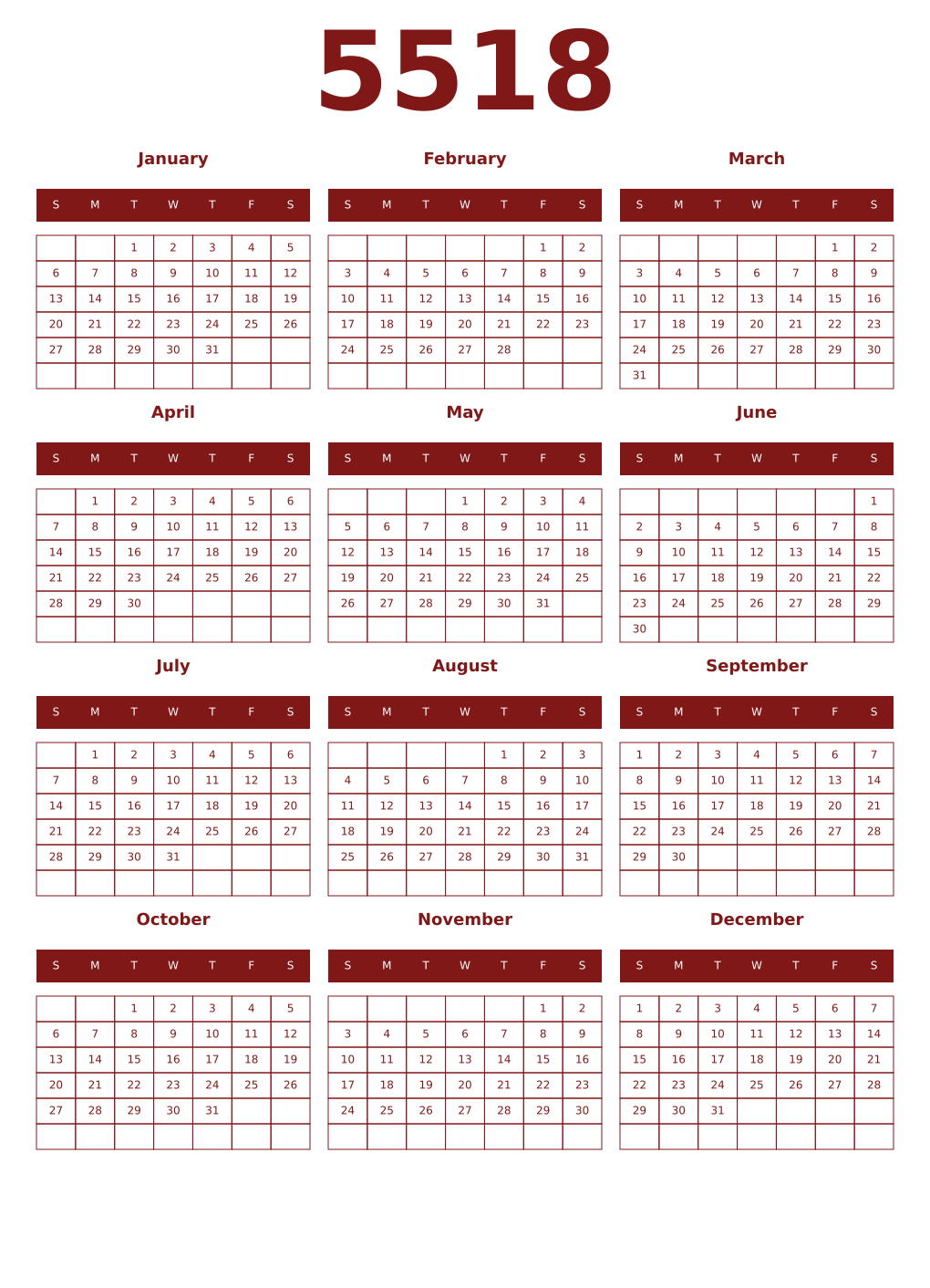 Printable 5518 Year Calendars falu