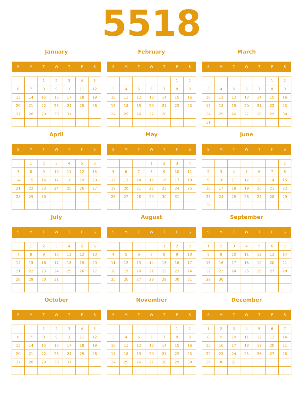 Printable 5518 Year Calendars gamboge