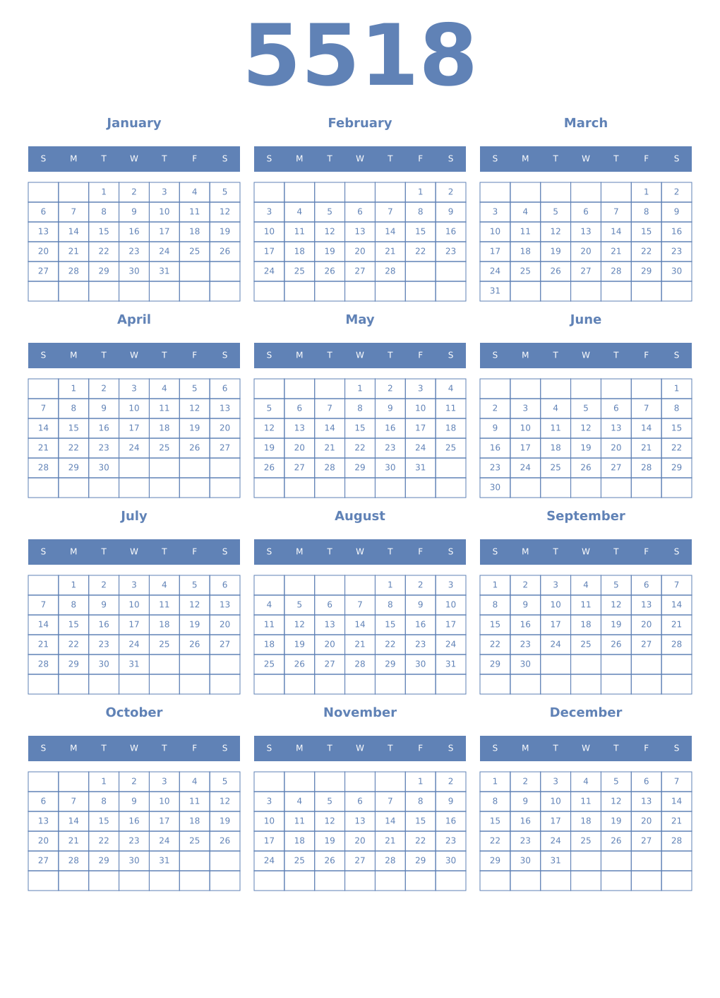 Printable 5518 Year Calendars glaucous
