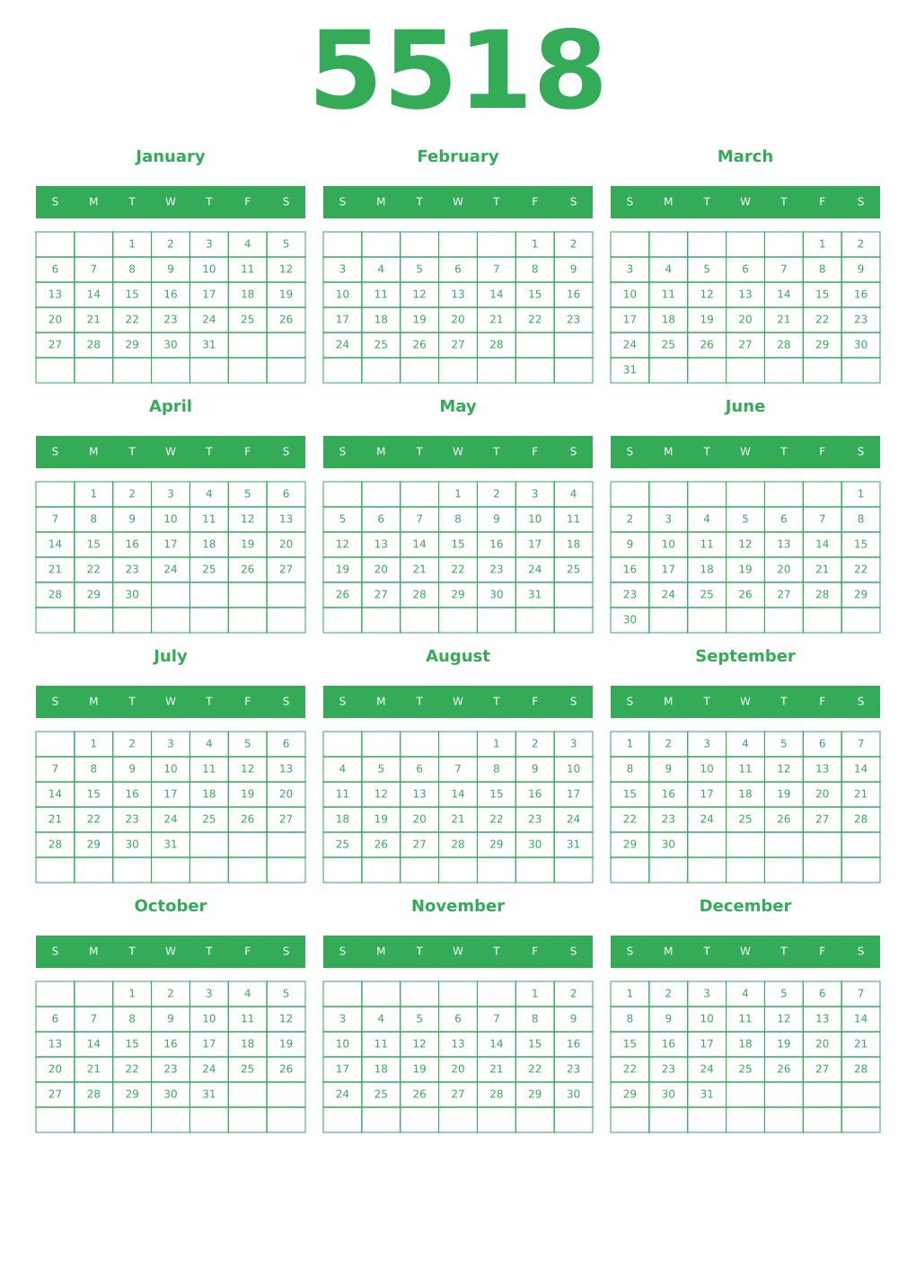 Printable 5518 Year Calendars green
