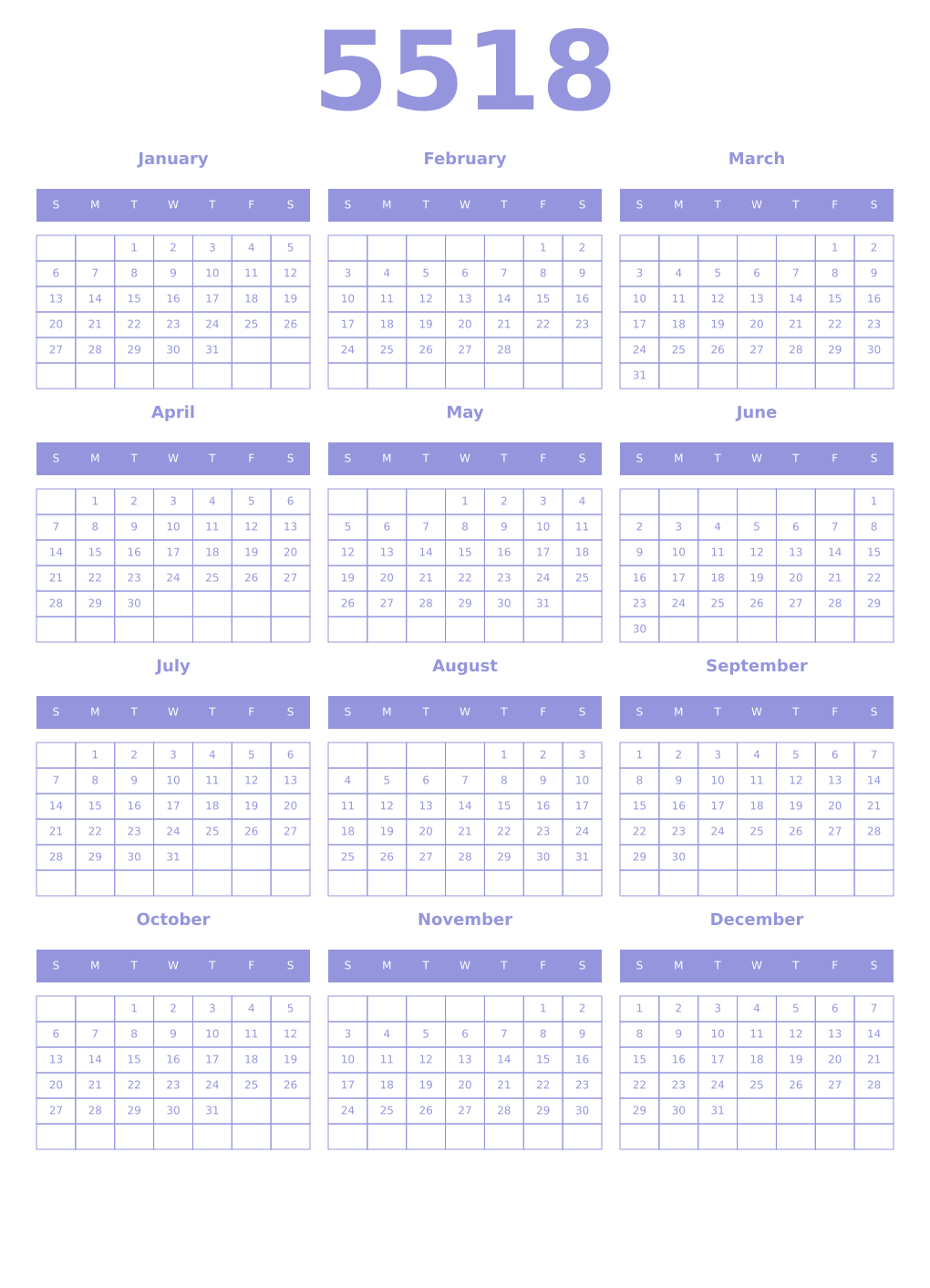 Printable 5518 Year Calendars periwinkle