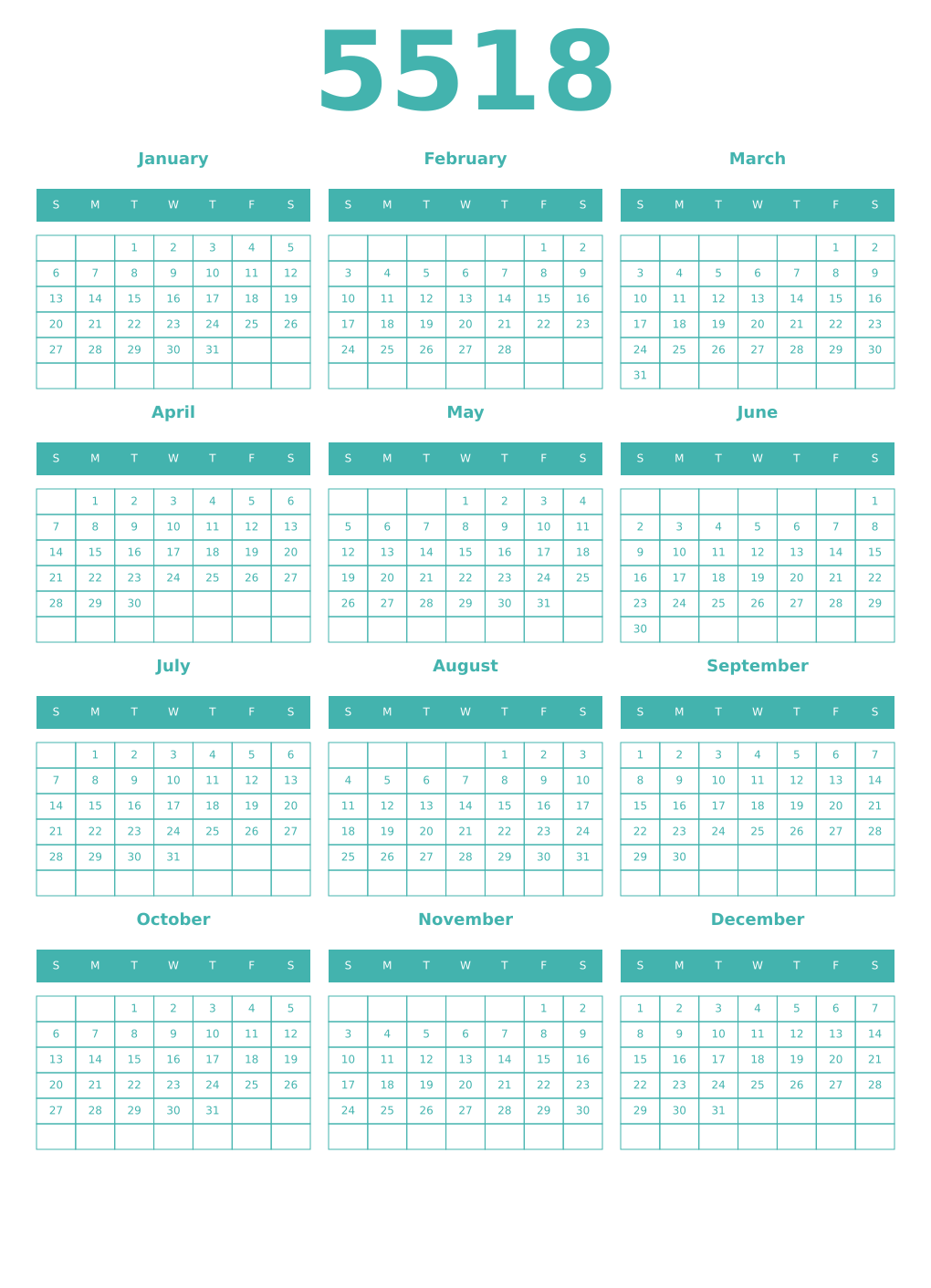 Printable 5518 Year Calendars verdigris