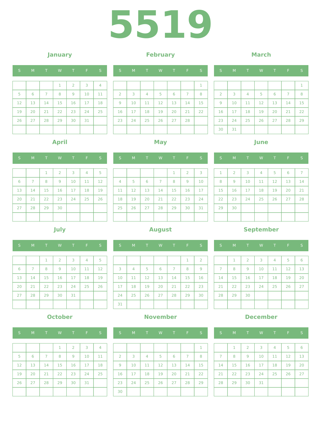 Printable 5519 Year Calendars celadon