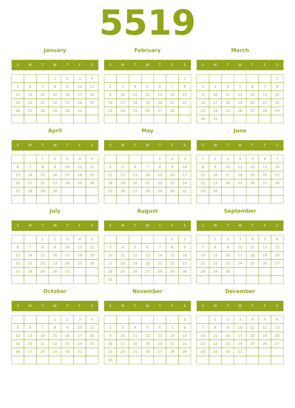 Printable 5519 Year Calendars chartreuse