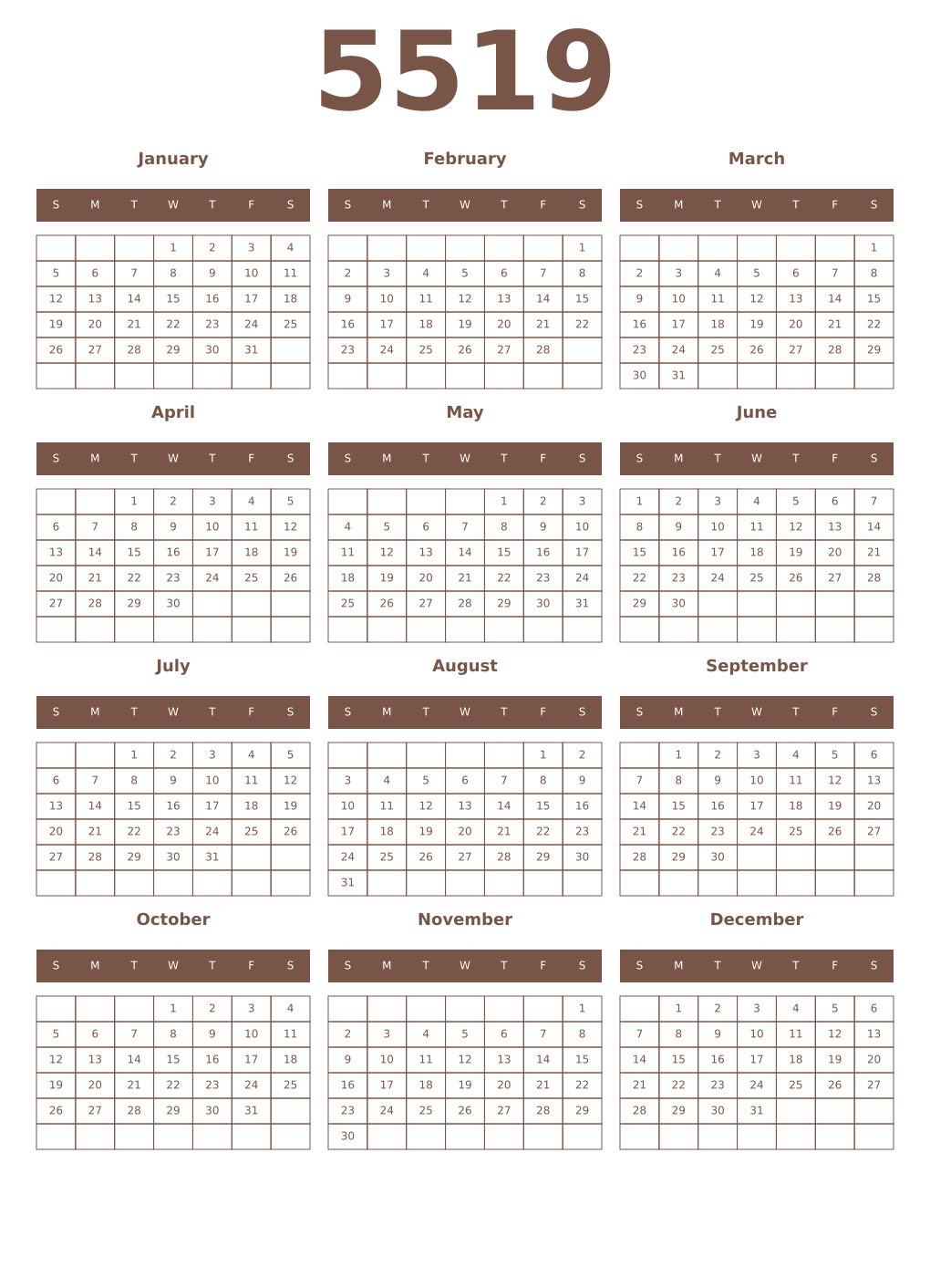 Printable 5519 Year Calendars coffe