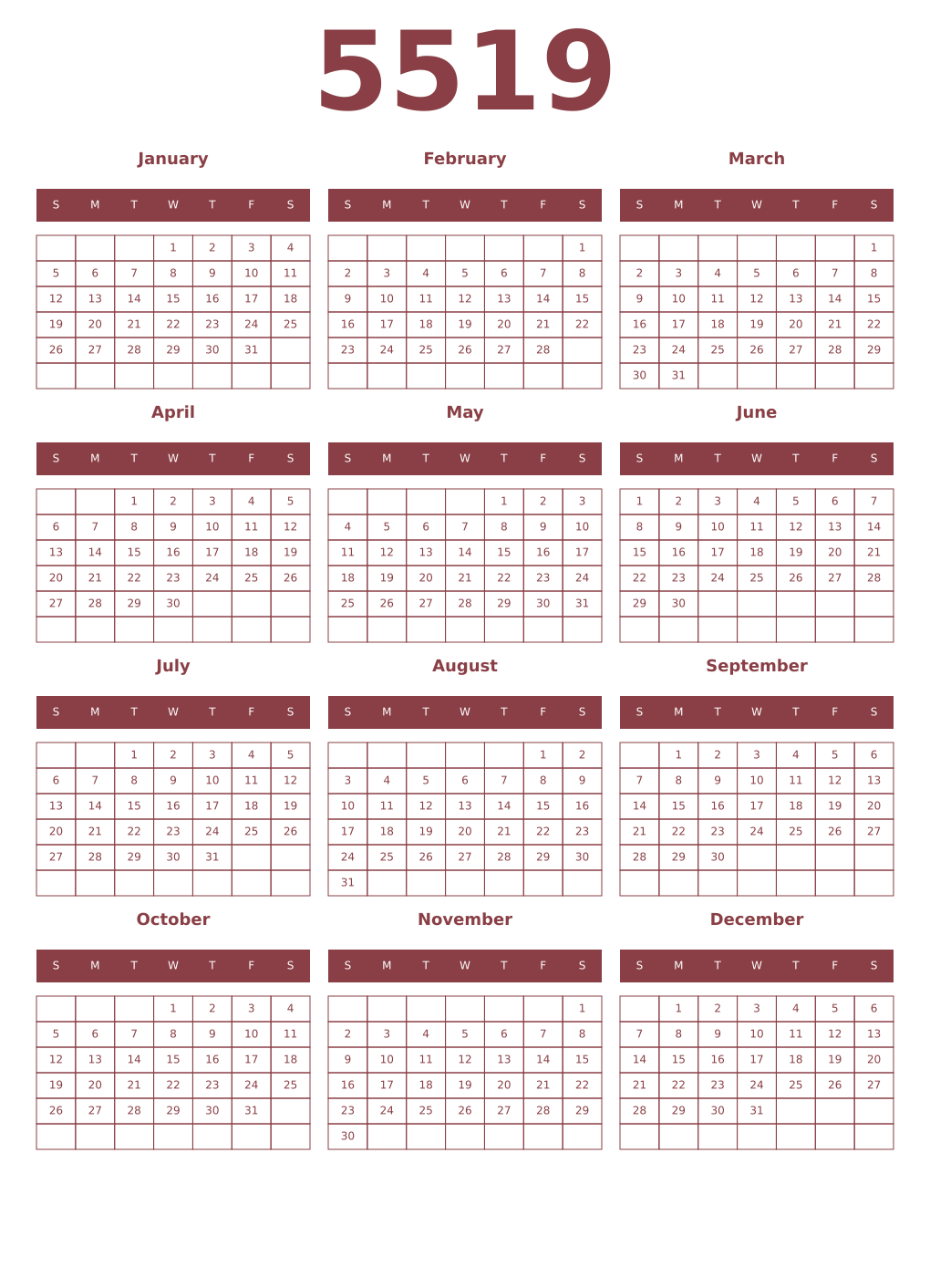 Printable 5519 Year Calendars cordovan