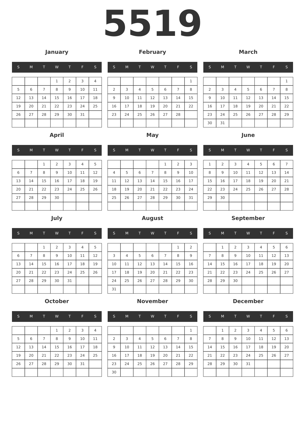 Printable 5519 Year Calendars dark