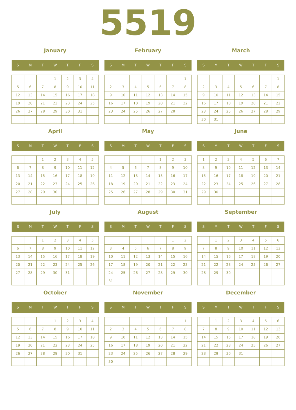Printable 5519 Year Calendars eburnean