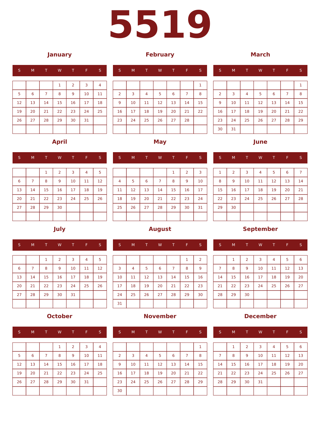 Printable 5519 Year Calendars falu