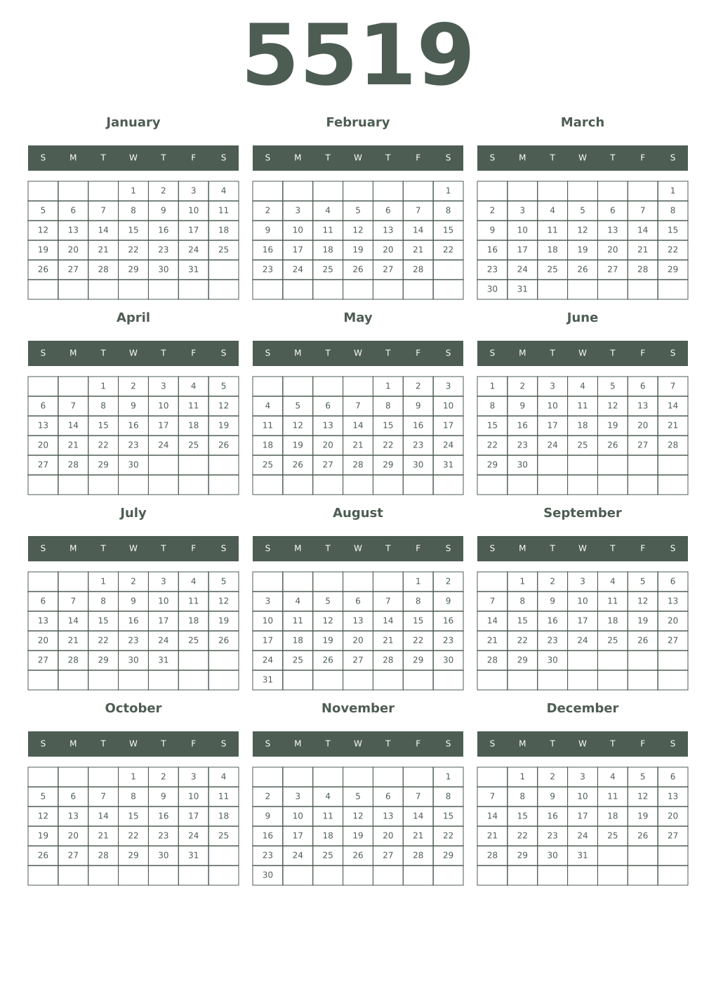 Printable 5519 Year Calendars feldgrau