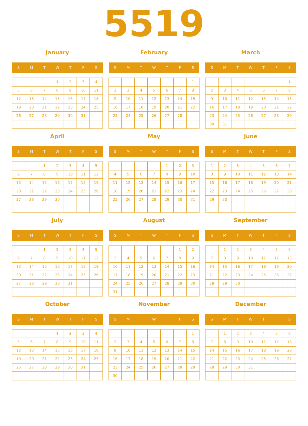 Printable 5519 Year Calendars gamboge