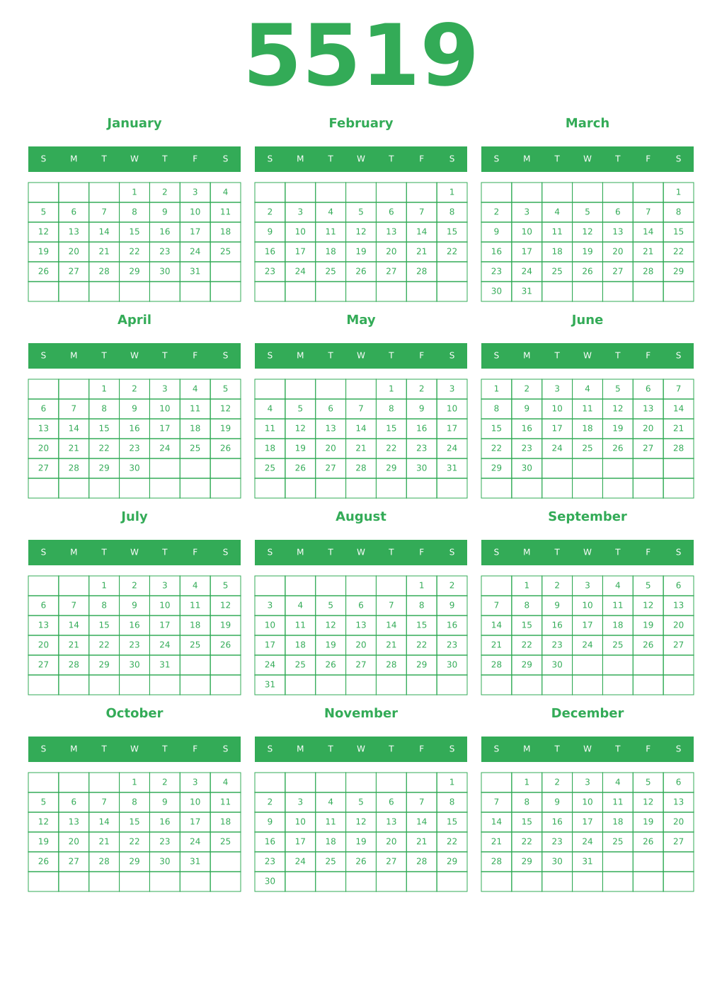 Printable 5519 Year Calendars green