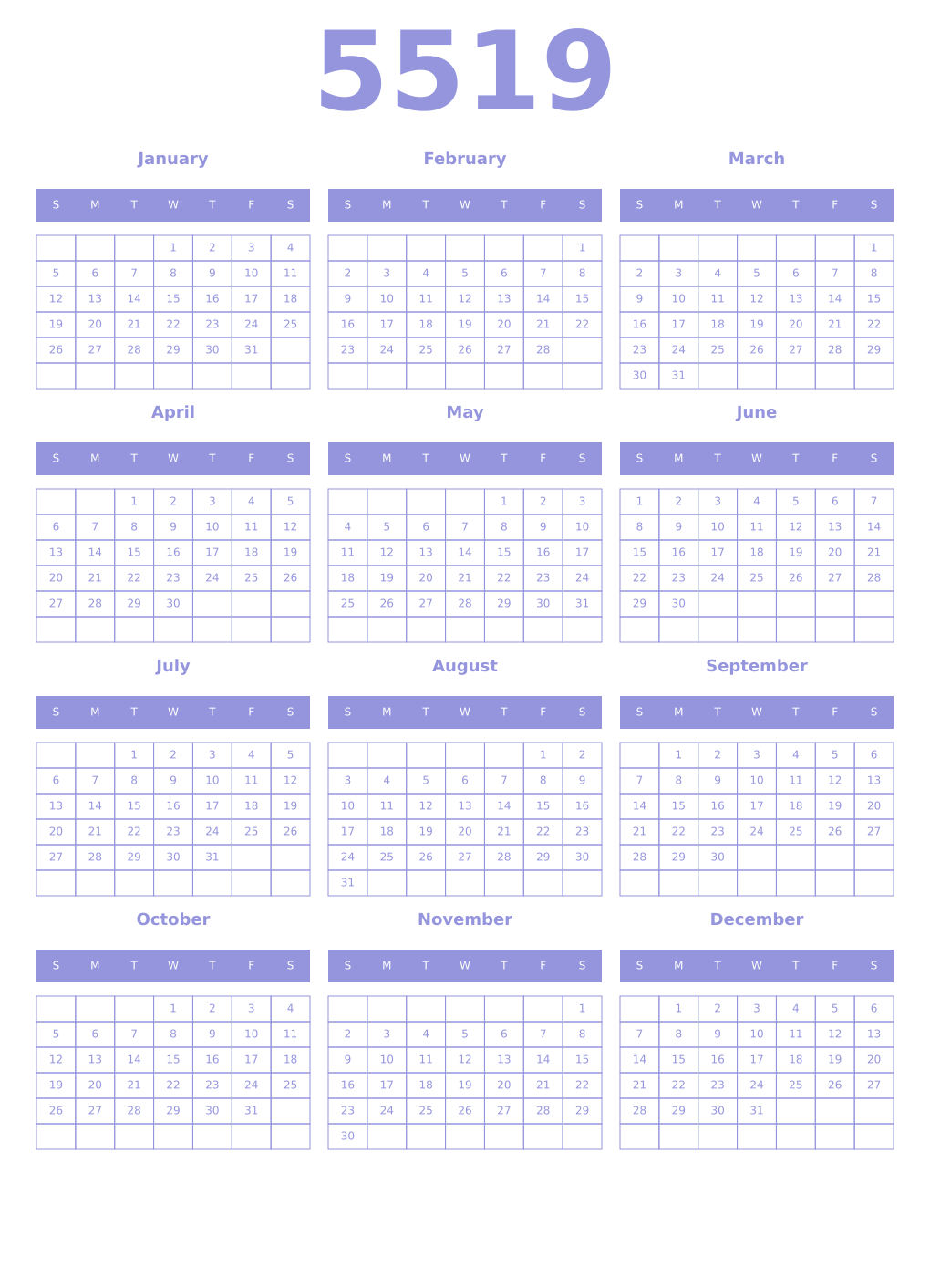 Printable 5519 Year Calendars periwinkle