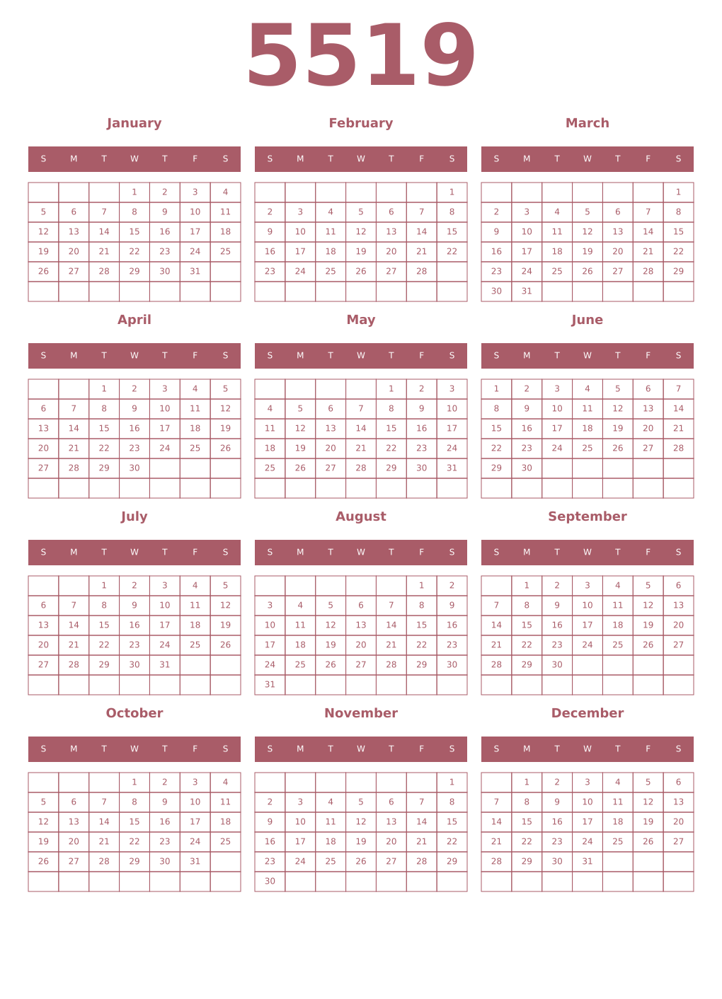 Printable 5519 Year Calendars puce