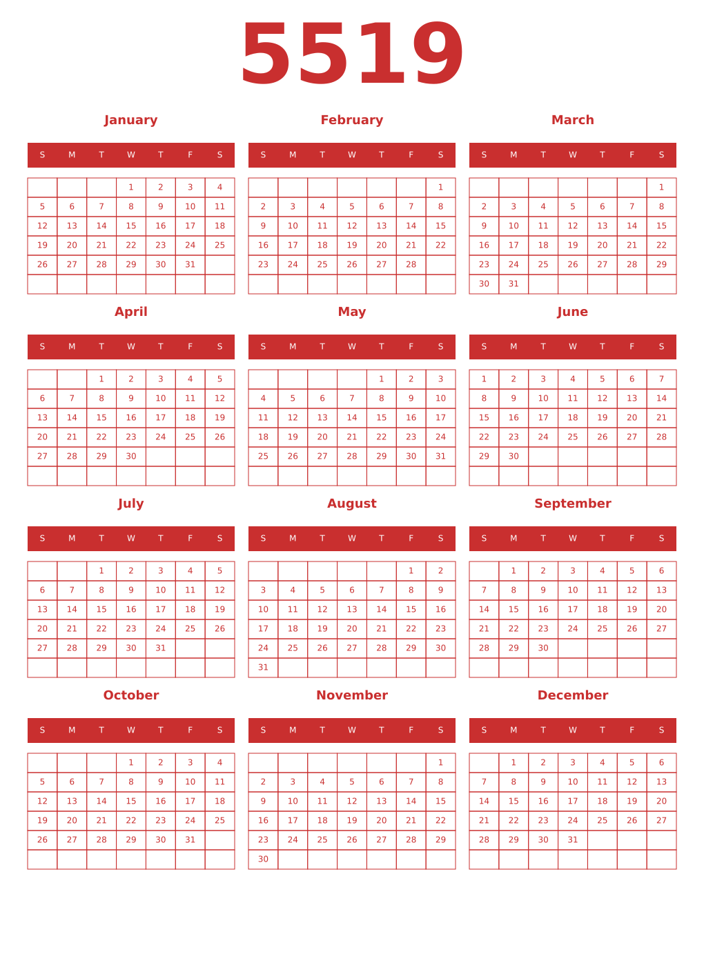 Printable 5519 Year Calendars red