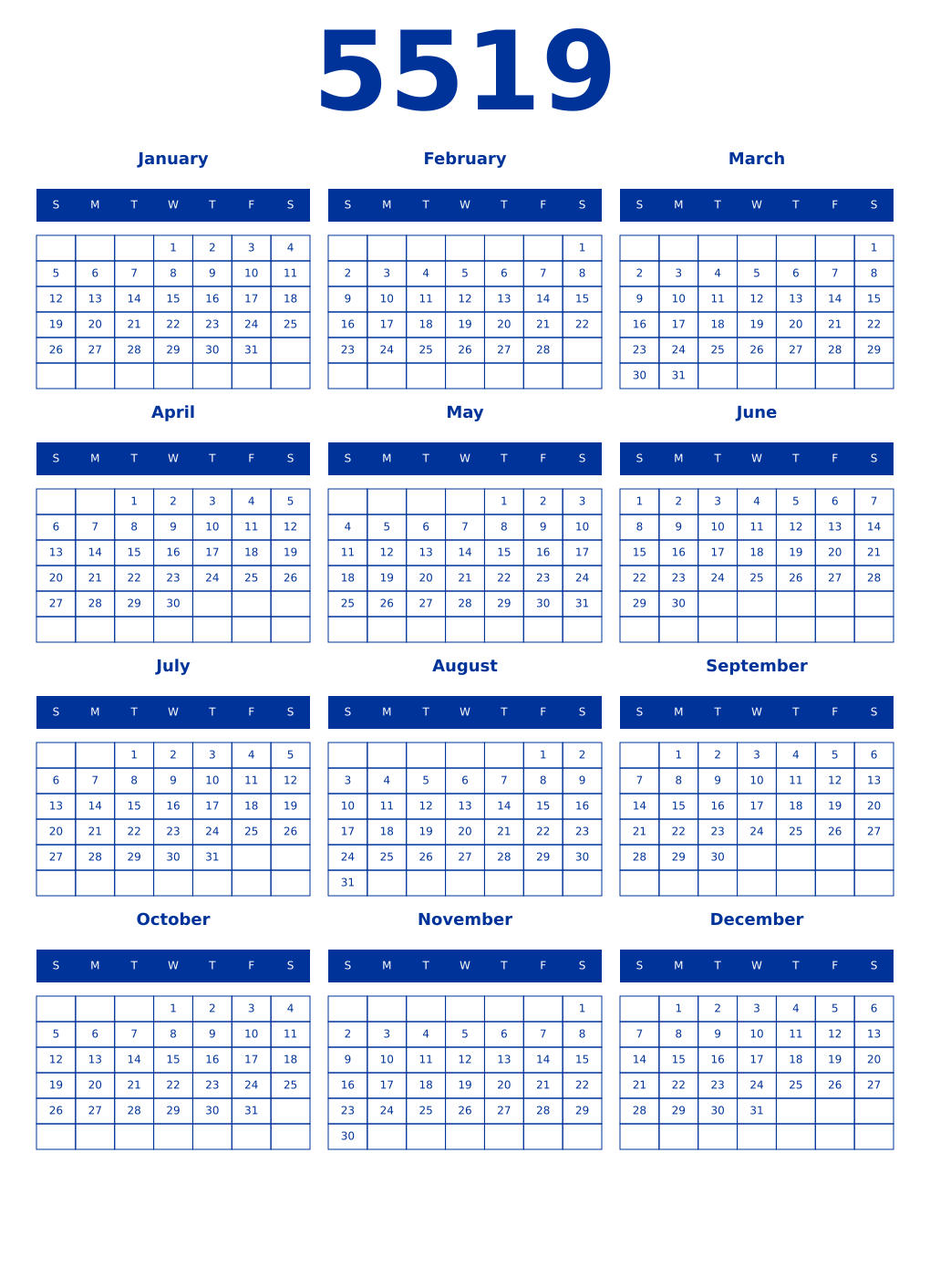 Printable 5519 Year Calendars smalt