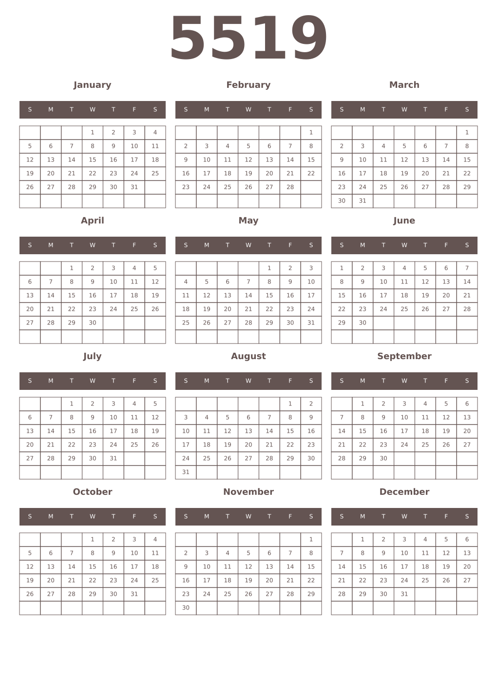 Printable 5519 Year Calendars wenge