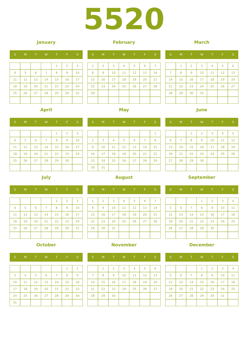 Printable 5520 Year Calendars chartreuse