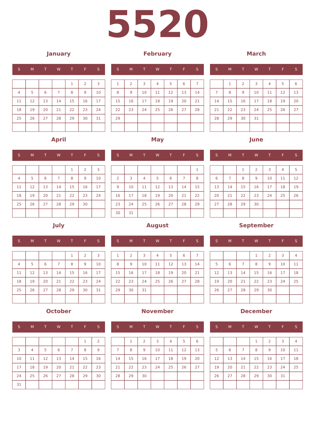 Printable 5520 Year Calendars cordovan