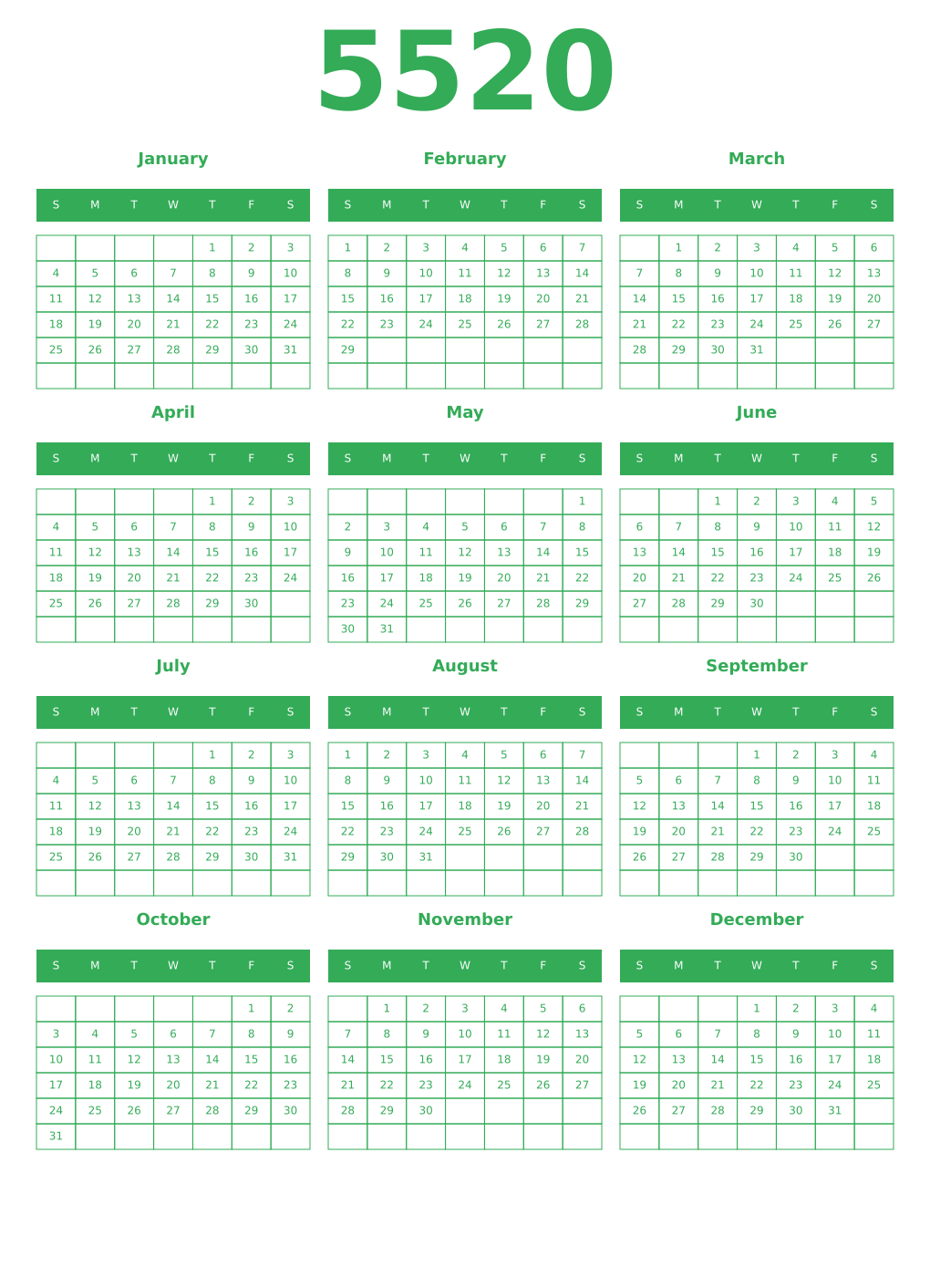 Printable 5520 Year Calendars green
