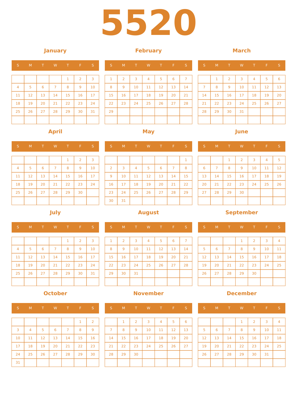 Printable 5520 Year Calendars orange