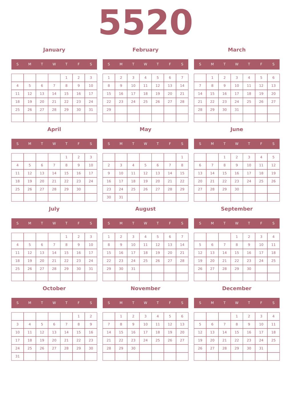 Printable 5520 Year Calendars puce