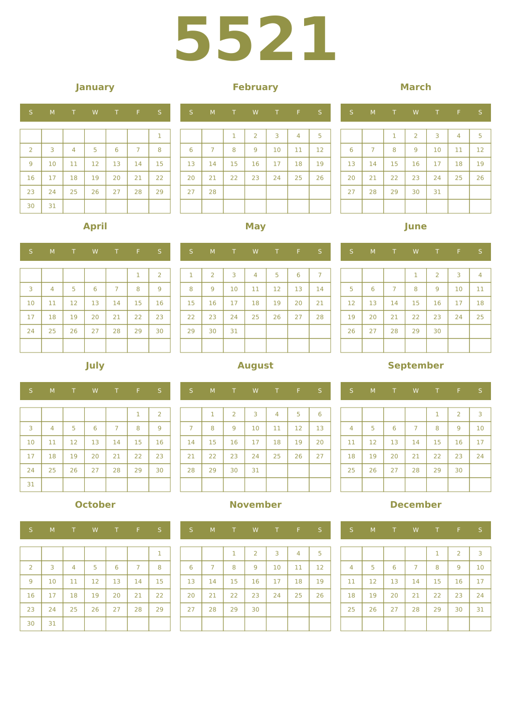 Printable 5521 Year Calendars eburnean