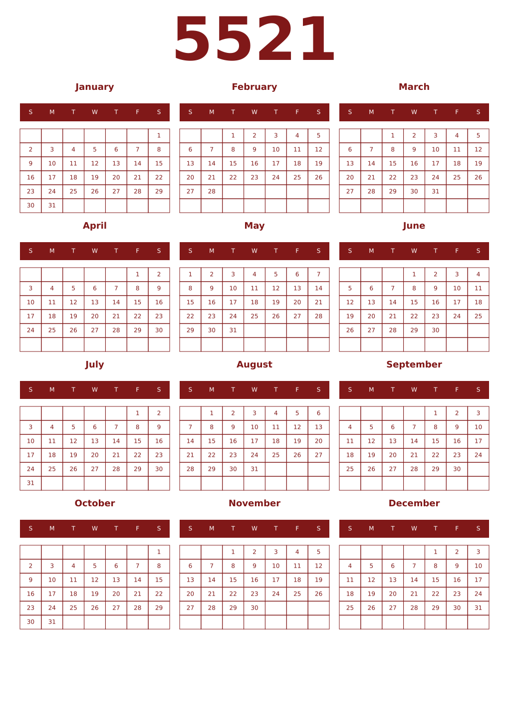 Printable 5521 Year Calendars falu