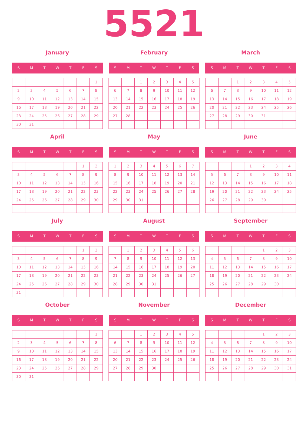Printable 5521 Year Calendars pink