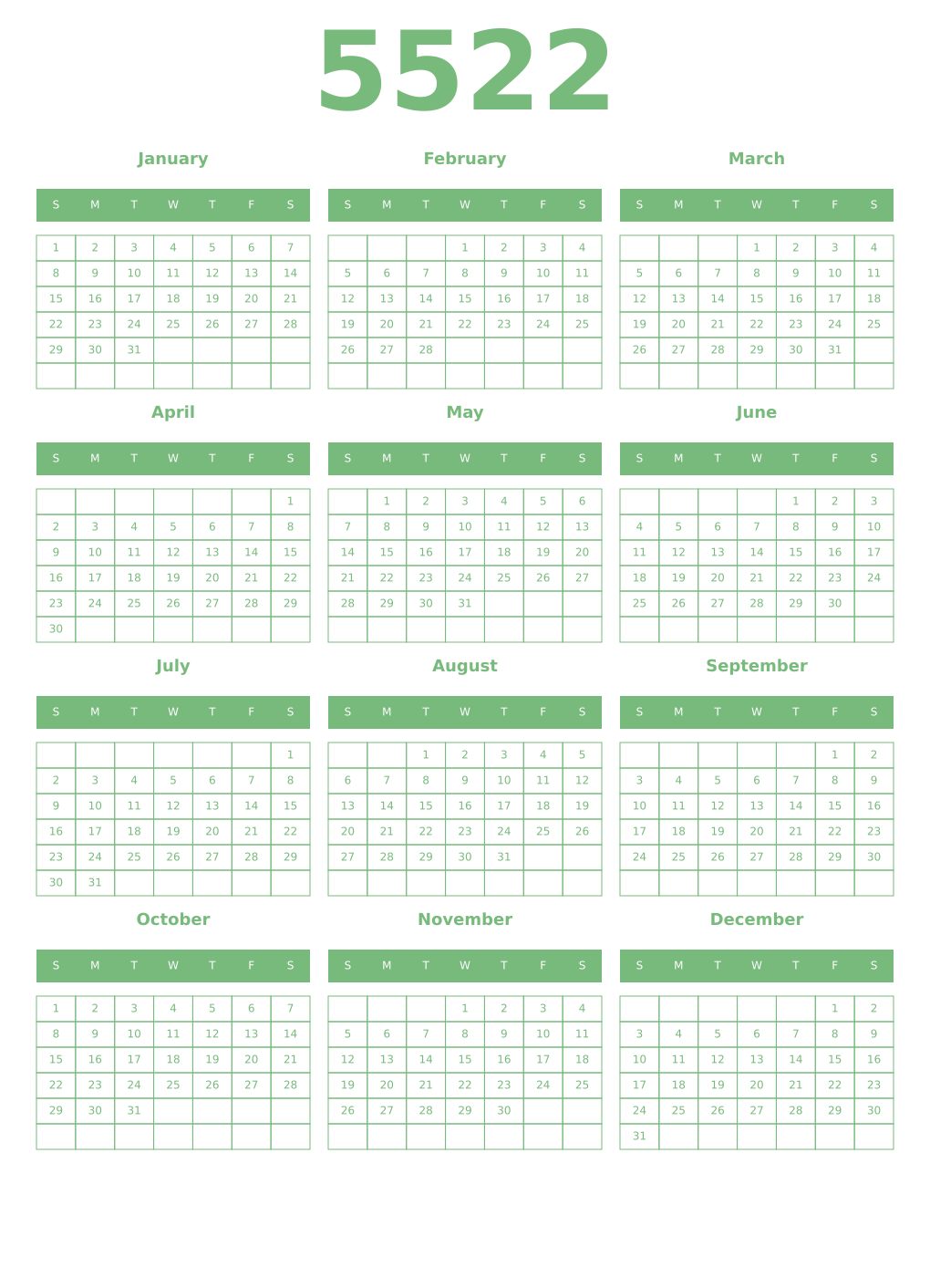 Printable 5522 Year Calendars celadon