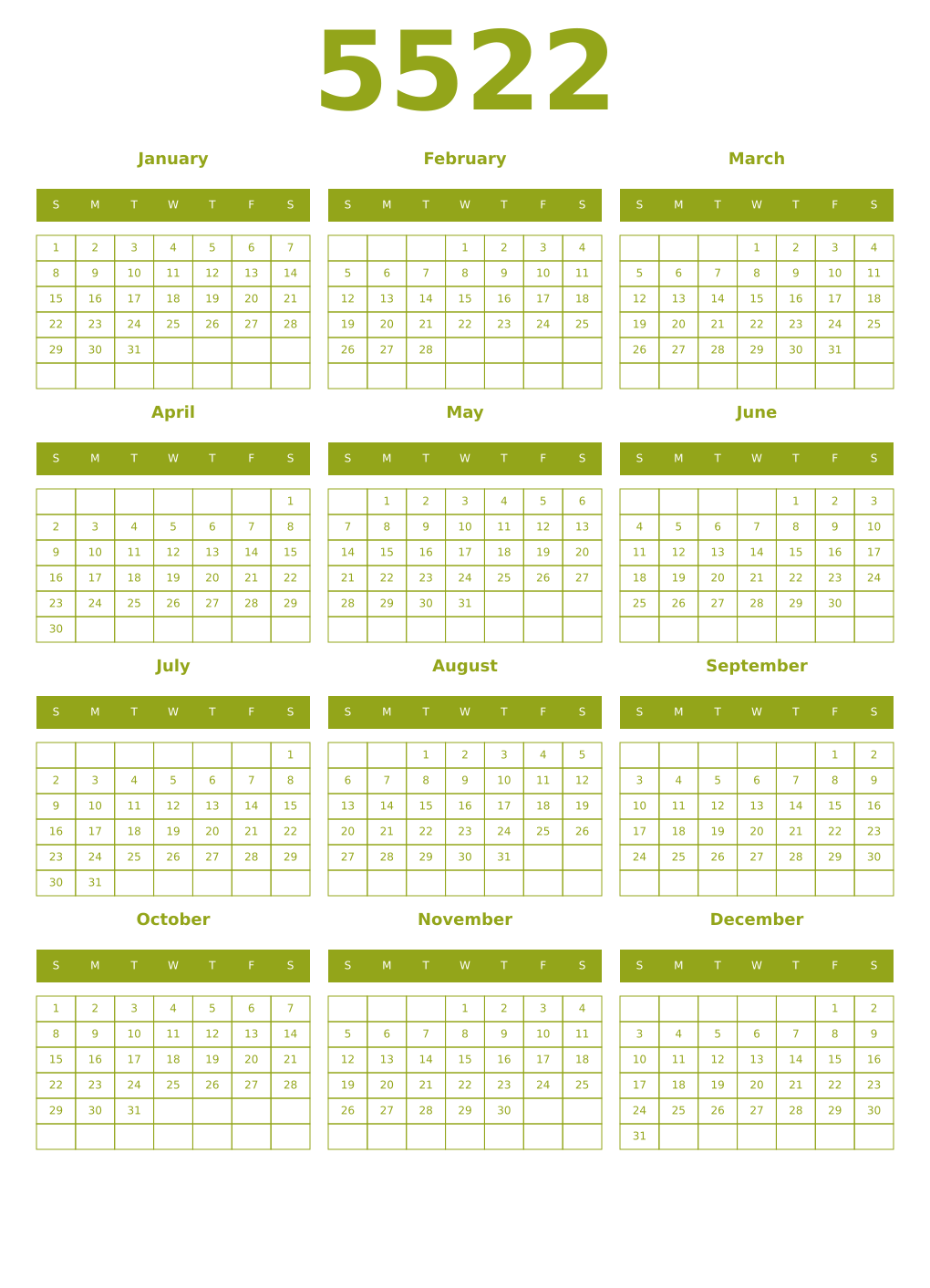 Printable 5522 Year Calendars chartreuse