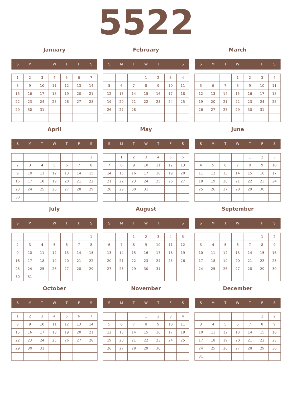 Printable 5522 Year Calendars coffe