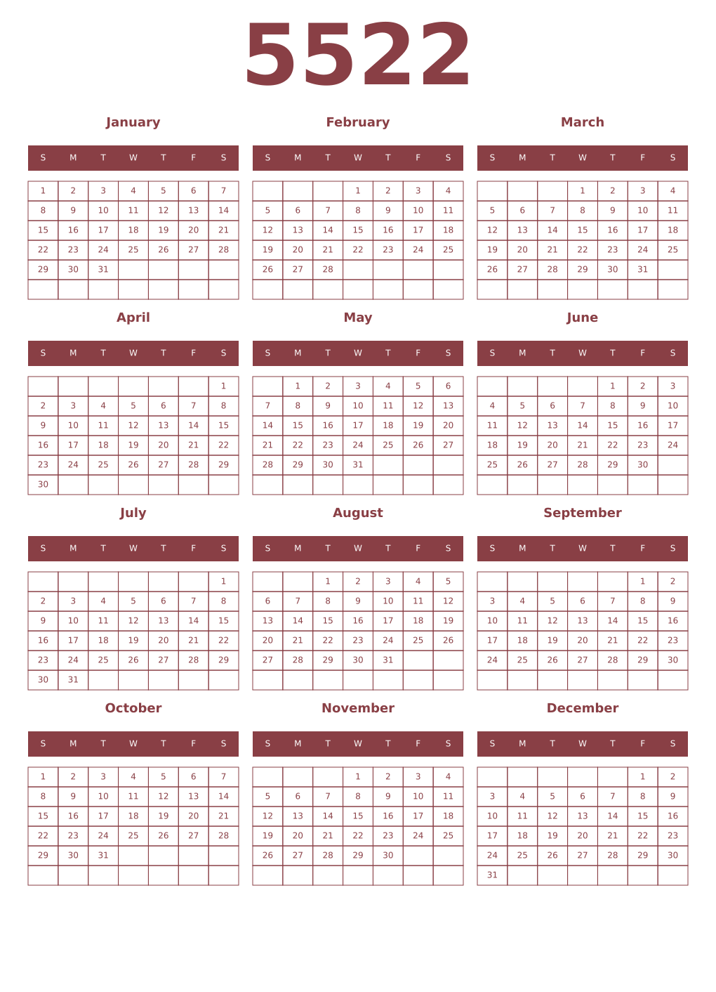 Printable 5522 Year Calendars cordovan