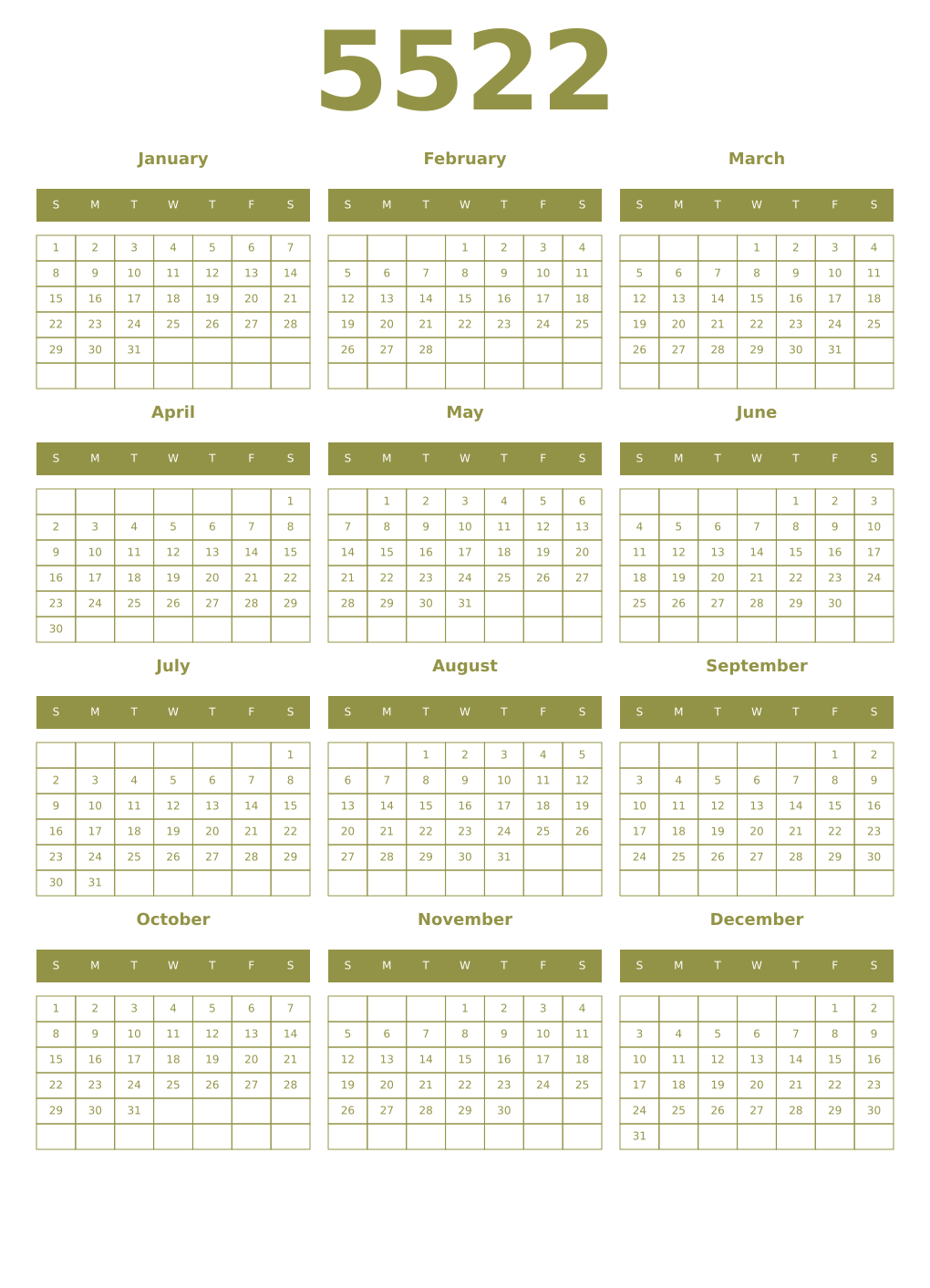 Printable 5522 Year Calendars eburnean
