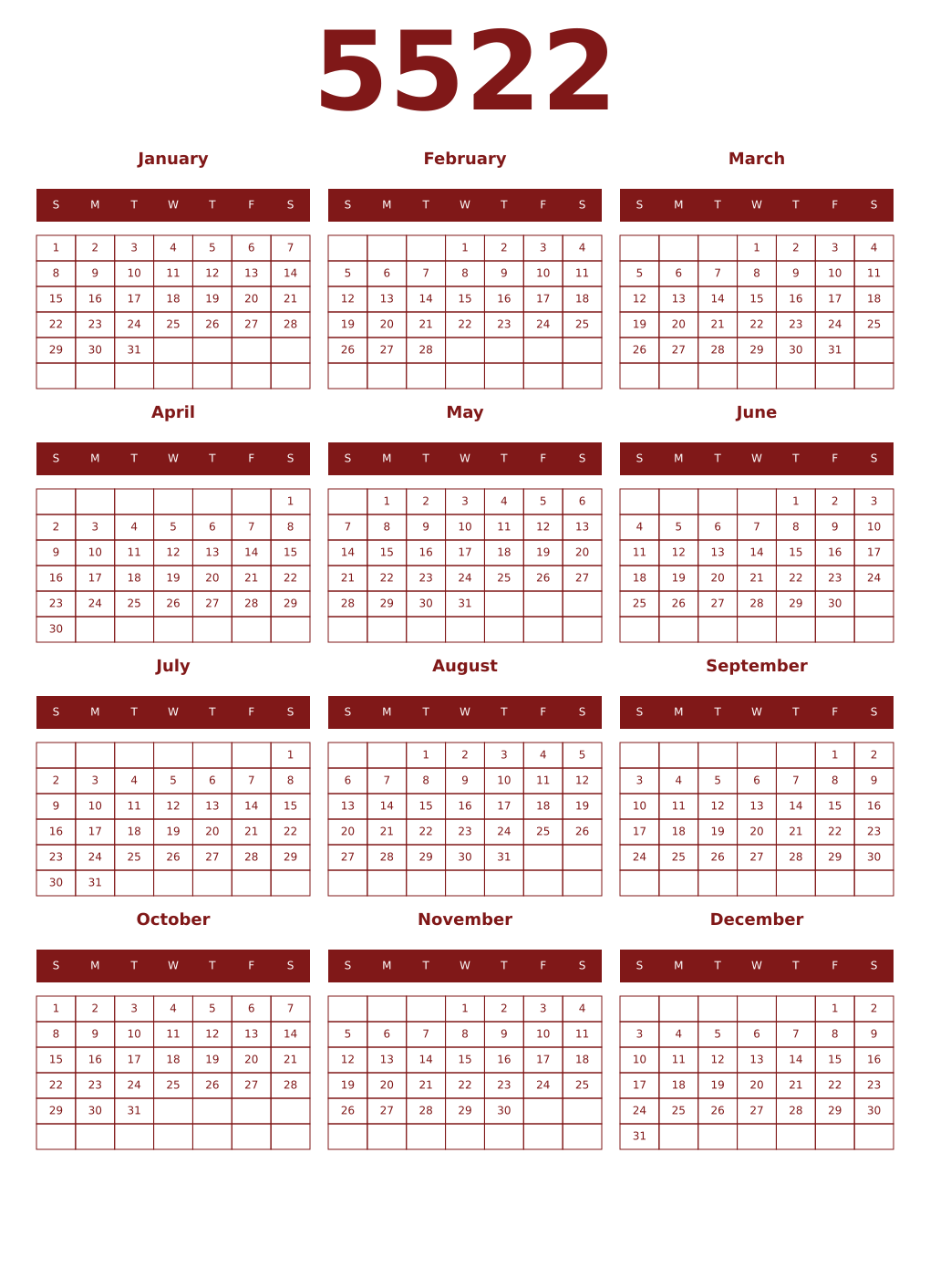 Printable 5522 Year Calendars falu