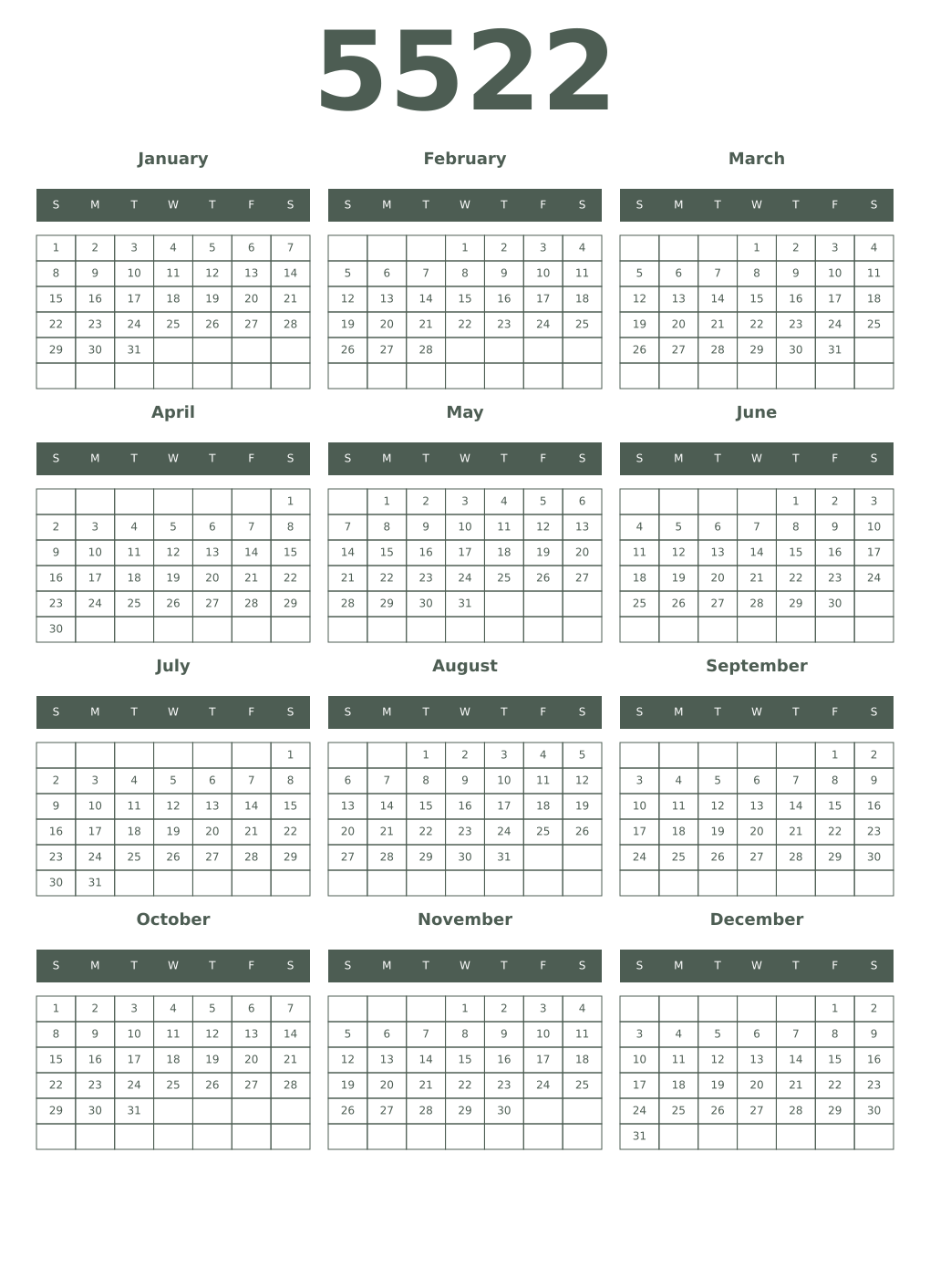 Printable 5522 Year Calendars feldgrau