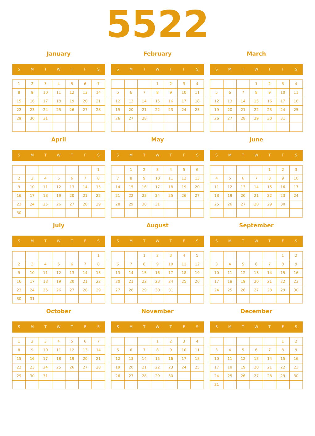 Printable 5522 Year Calendars gamboge