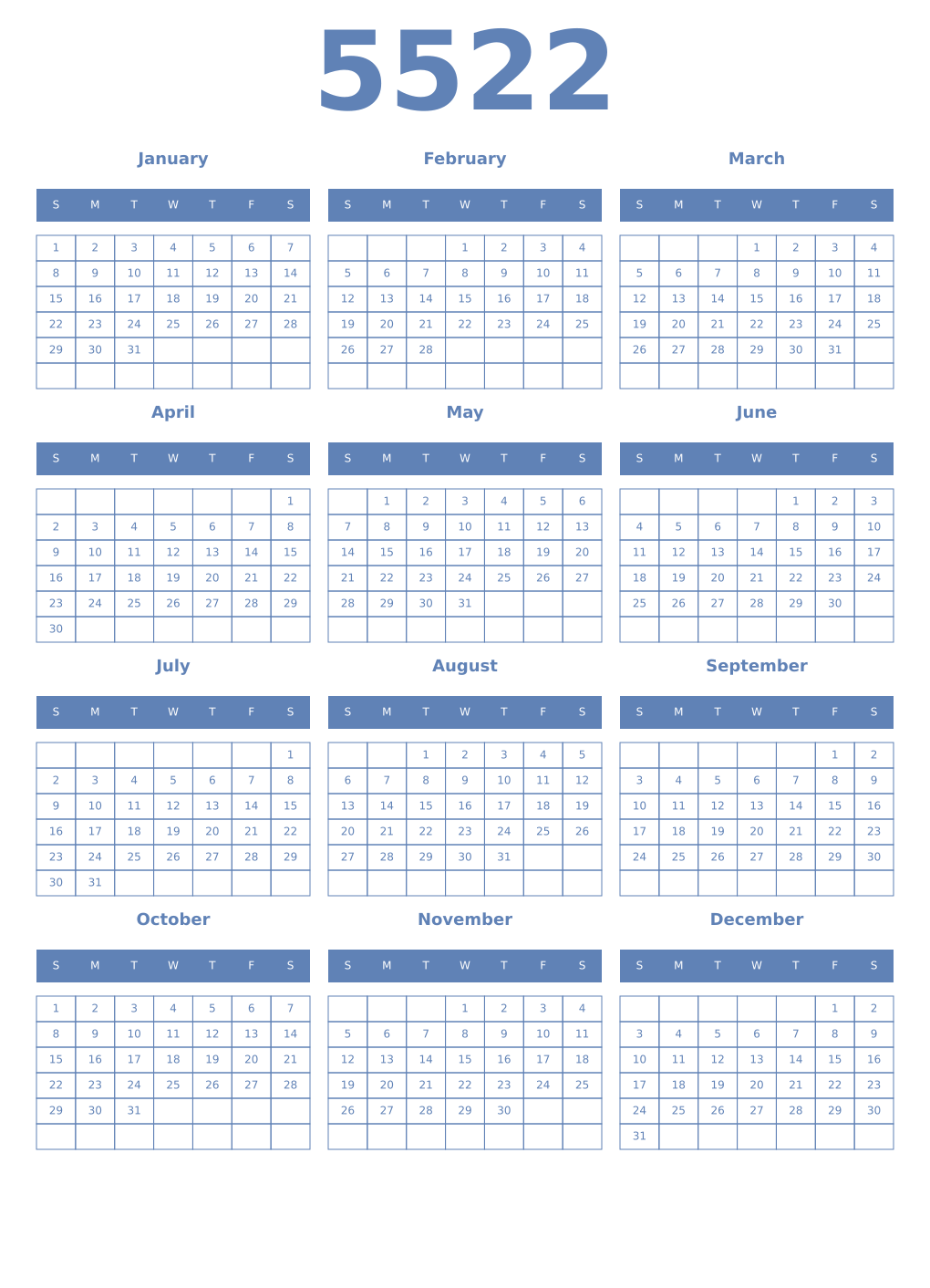Printable 5522 Year Calendars glaucous