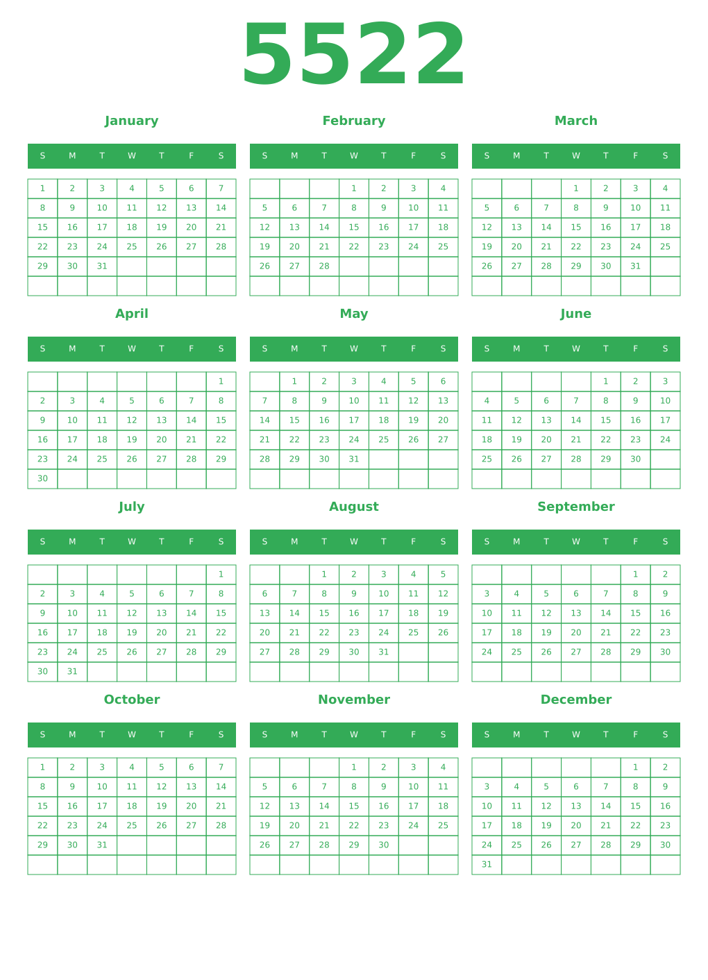 Printable 5522 Year Calendars green