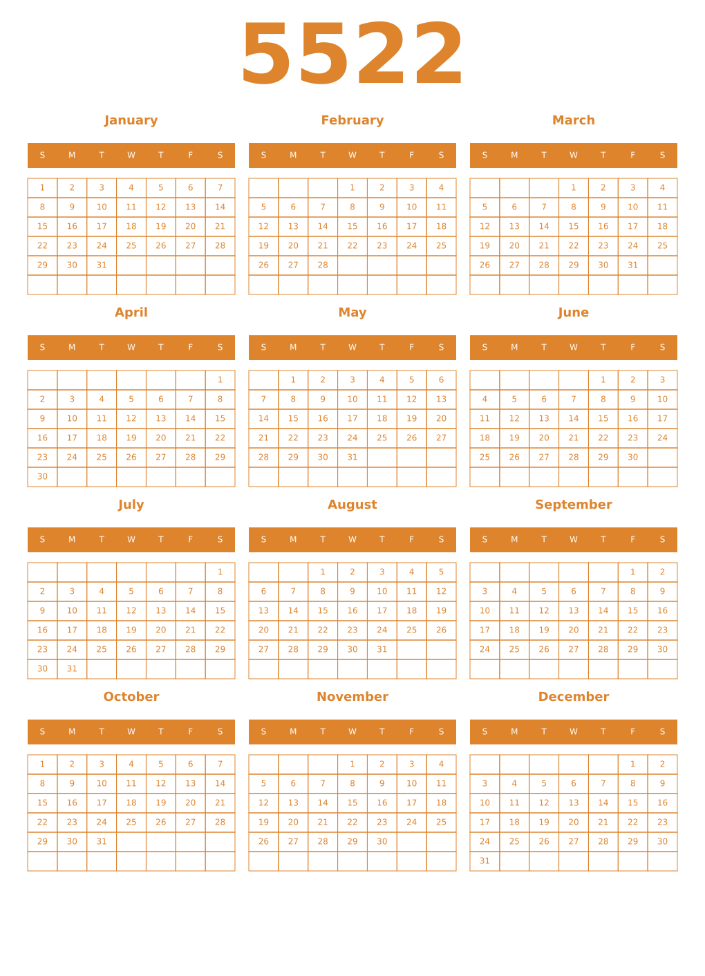 Printable 5522 Year Calendars orange