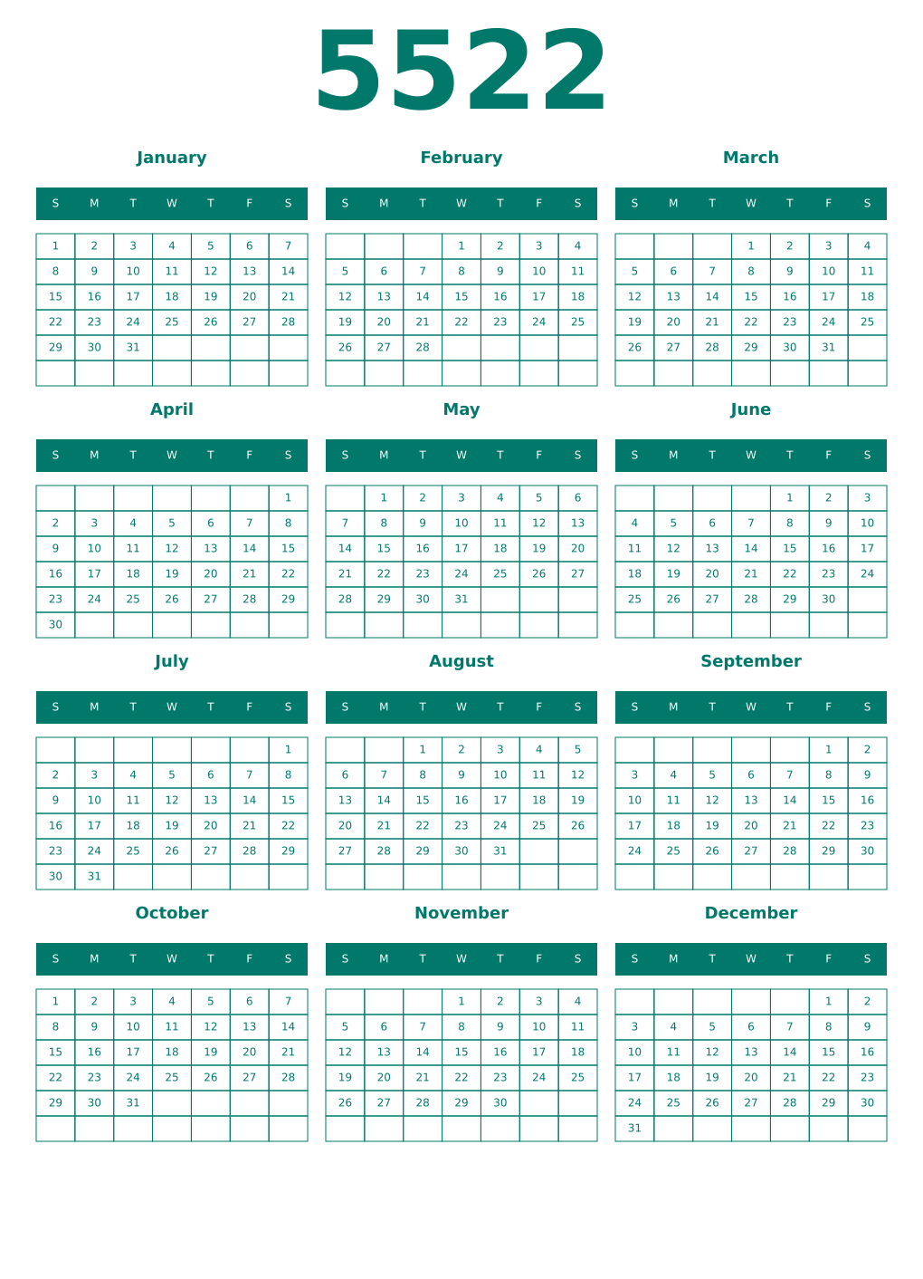 Printable 5522 Year Calendars pastel