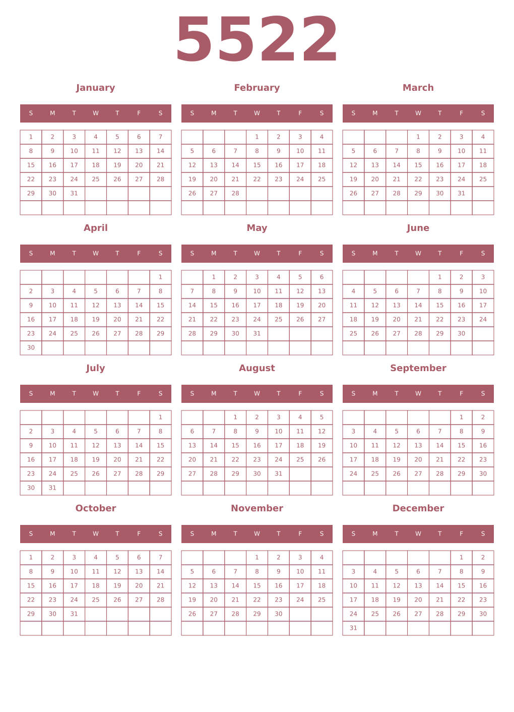 Printable 5522 Year Calendars puce