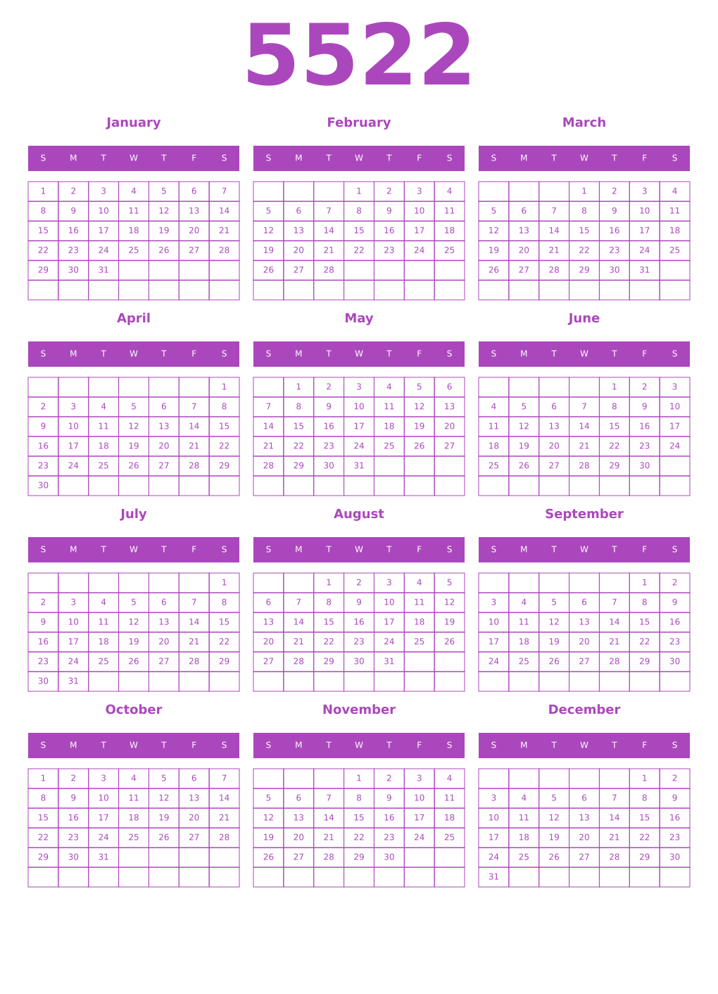 Printable 5522 Year Calendars purple