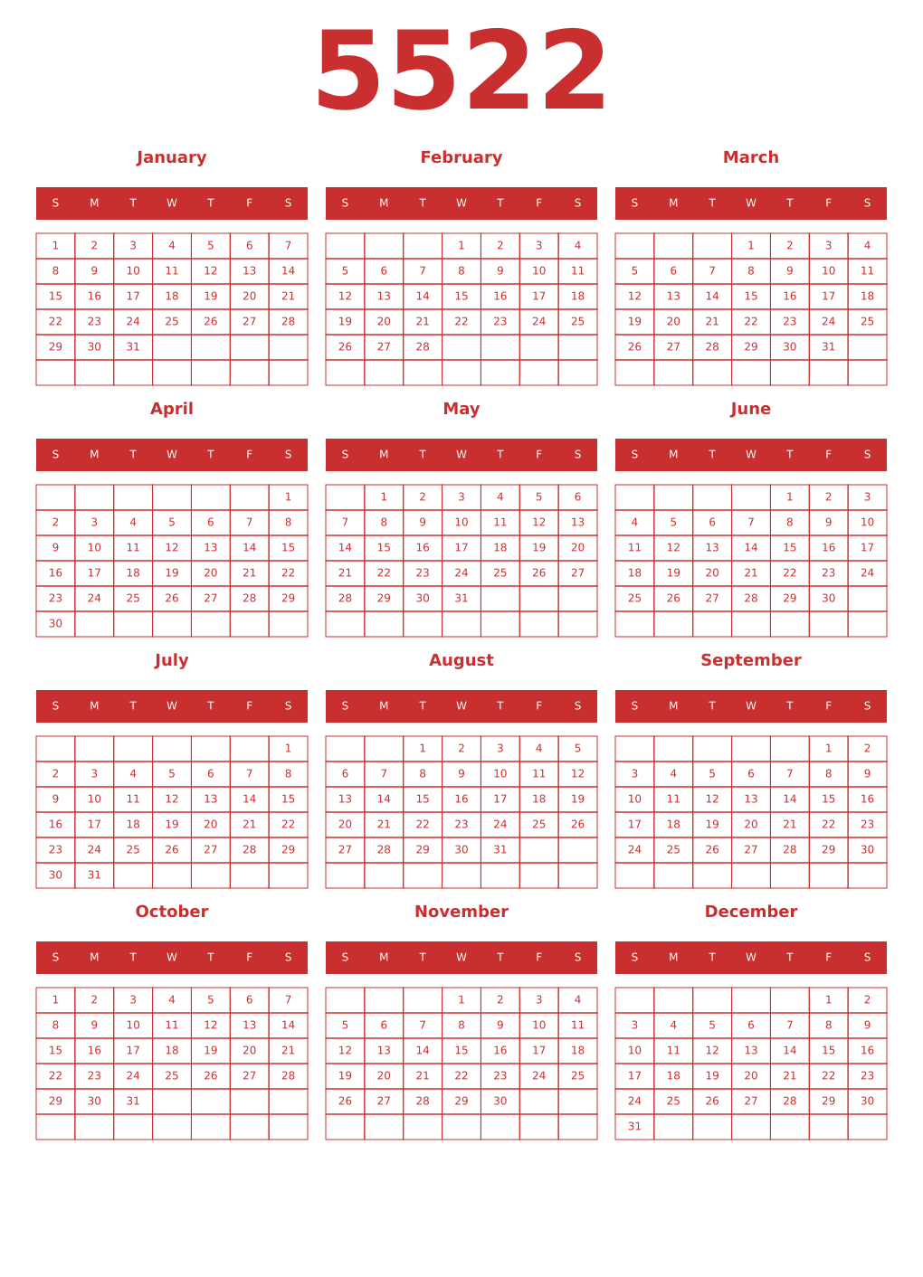 Printable 5522 Year Calendars red