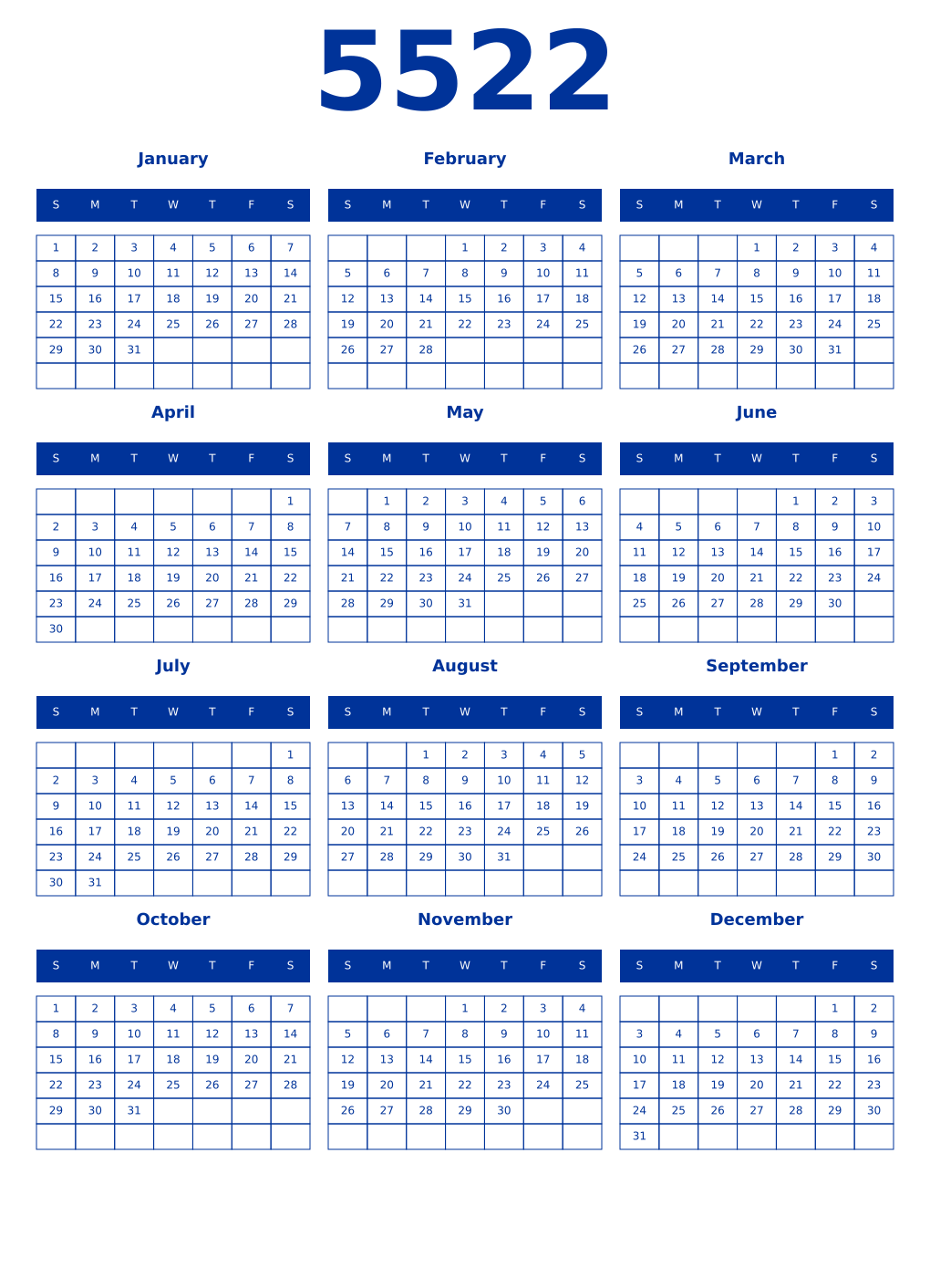 Printable 5522 Year Calendars smalt