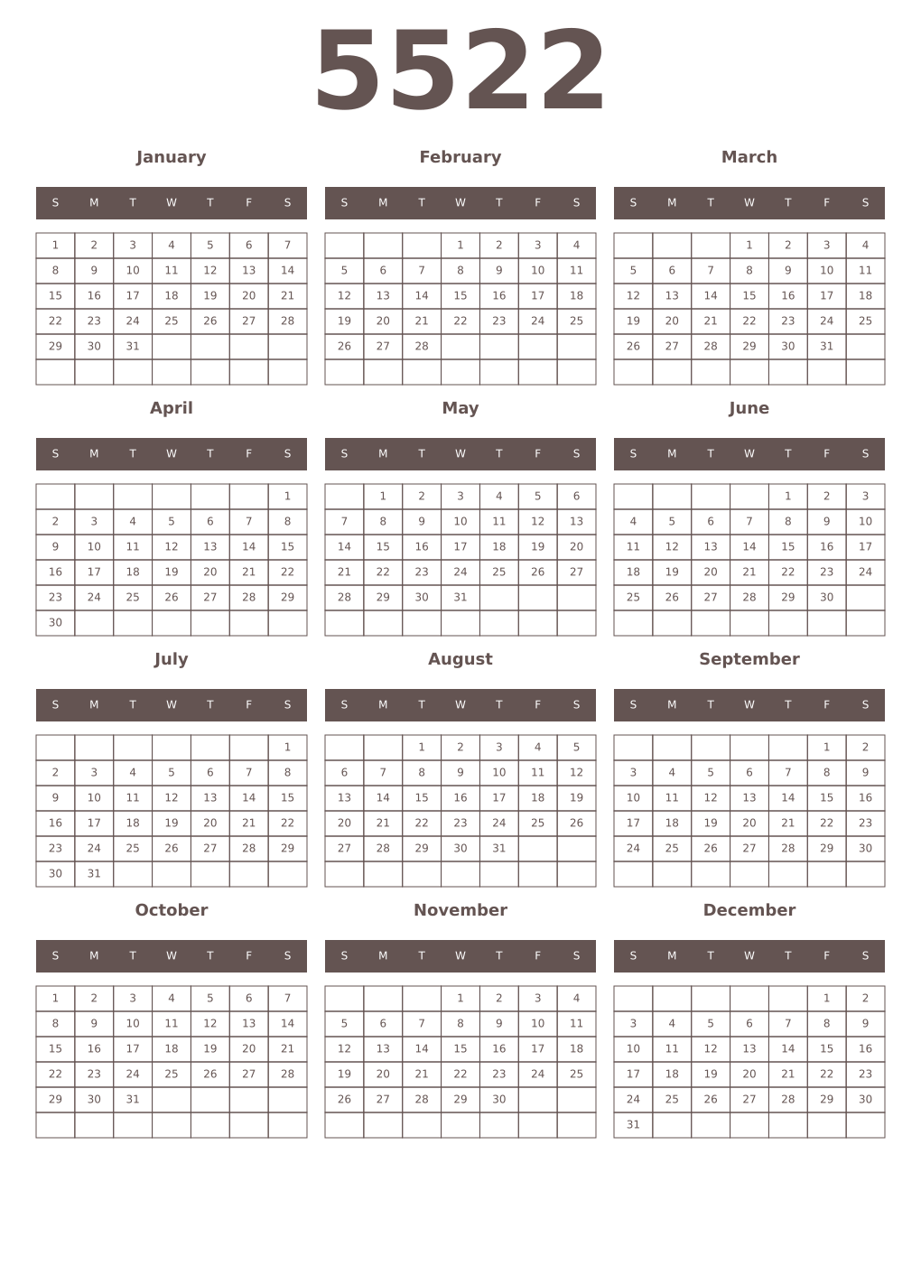 Printable 5522 Year Calendars wenge